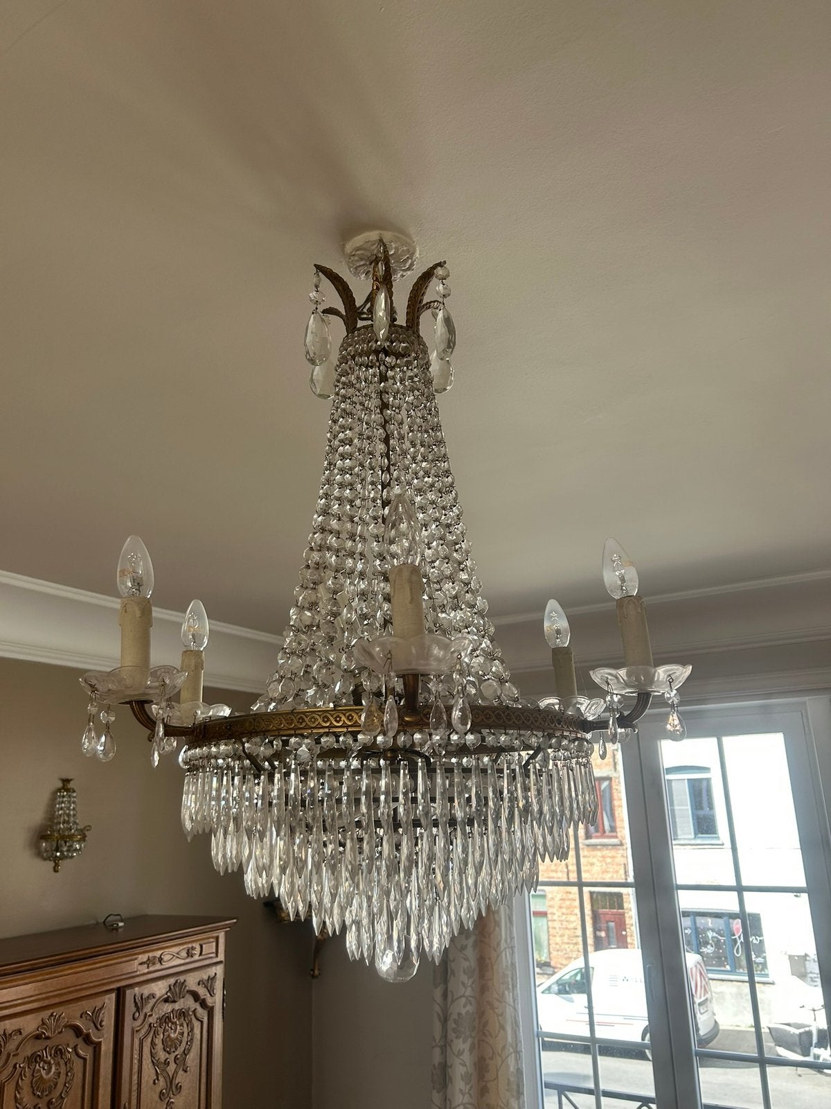 Mooie grote kroonluchter en 2 wandlampjes in kristal, Huis en Inrichting, Lampen | Kroonluchters, Ophalen