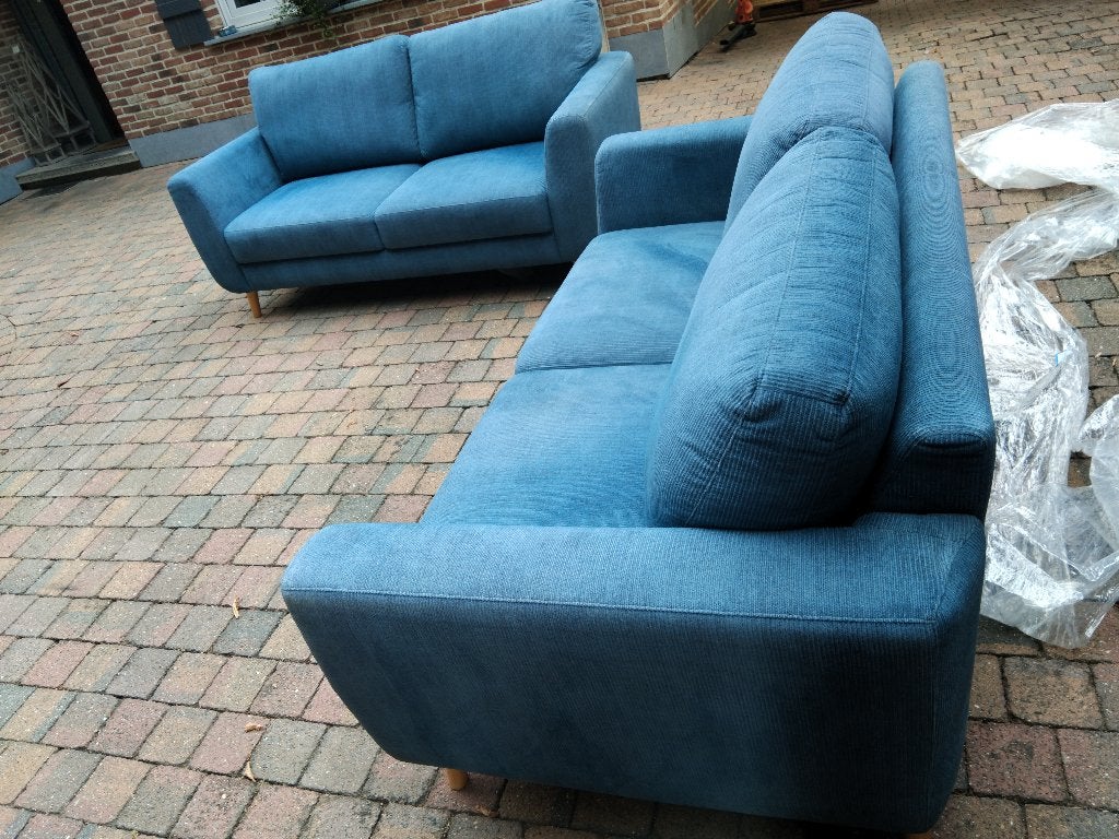 dubbele tweezit zetel in donkerblauw, Huis en Inrichting, Ophalen, Zo goed als nieuw, Stof