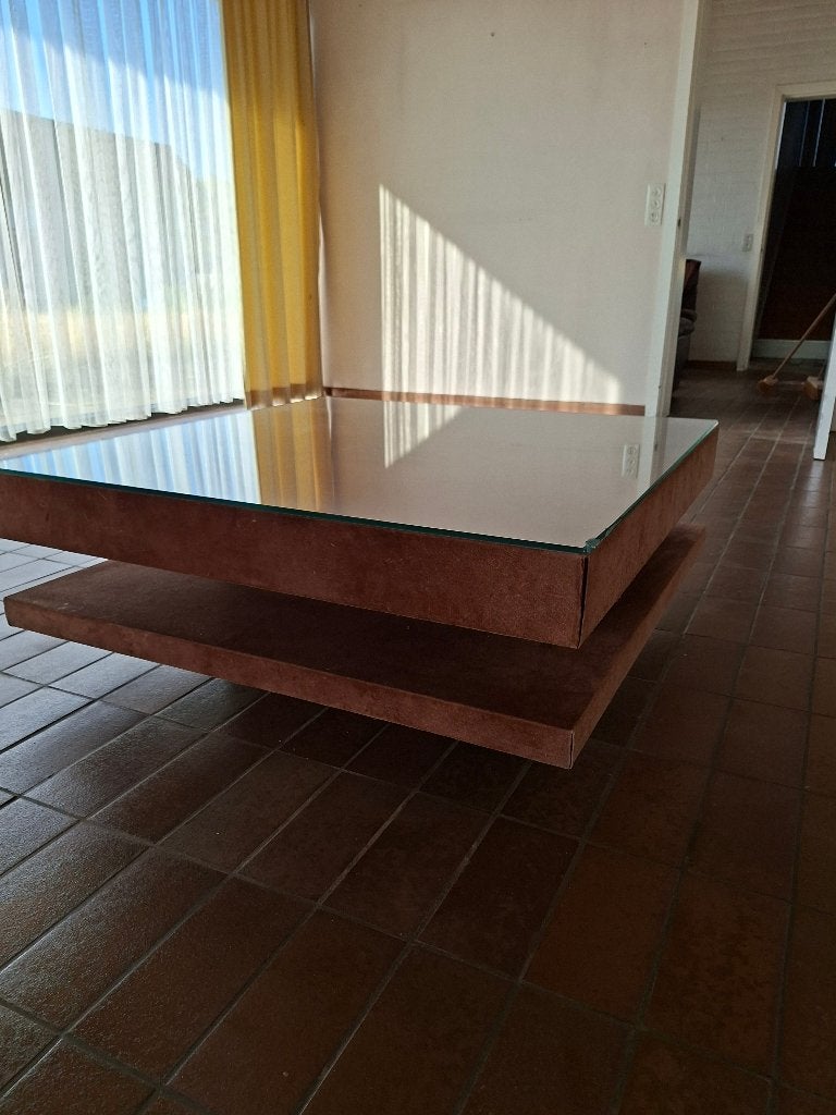 Salontafel, suède bekleding, glazen bovenblad, Huis en Inrichting, Ophalen, Gebruikt