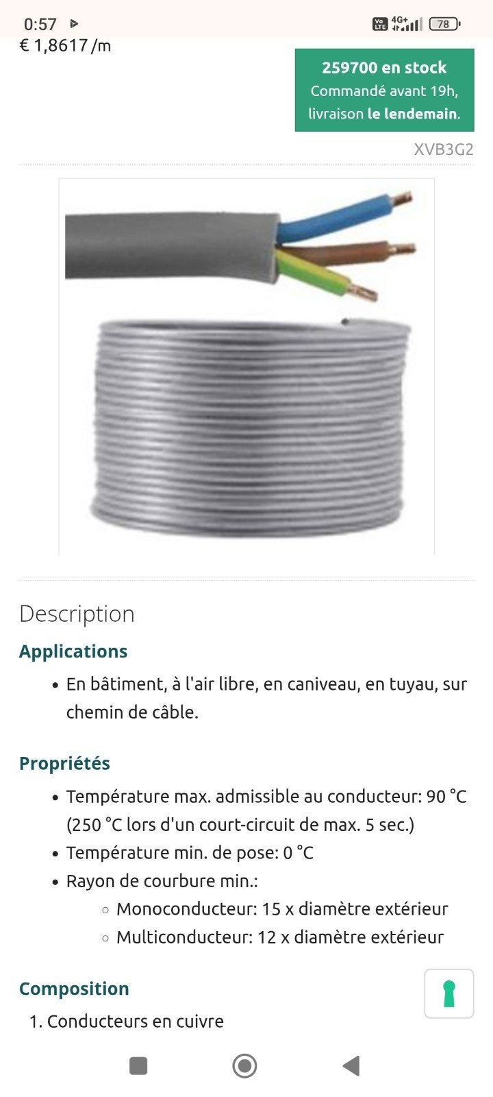 câble 3g2,5 xvb, Bricolage & Construction, Enlèvement, Neuf