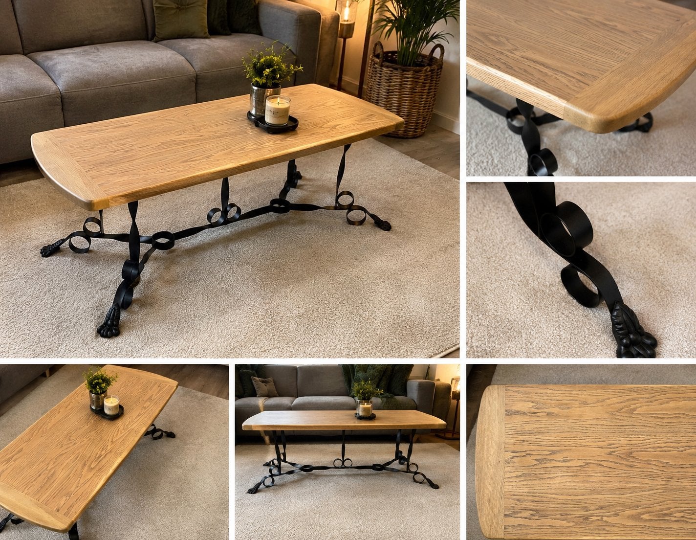 salontafel met sierlijk onderstel en vernieuwd eiken blad, Neuf, 100 à 150 cm, Chêne, Enlèvement
