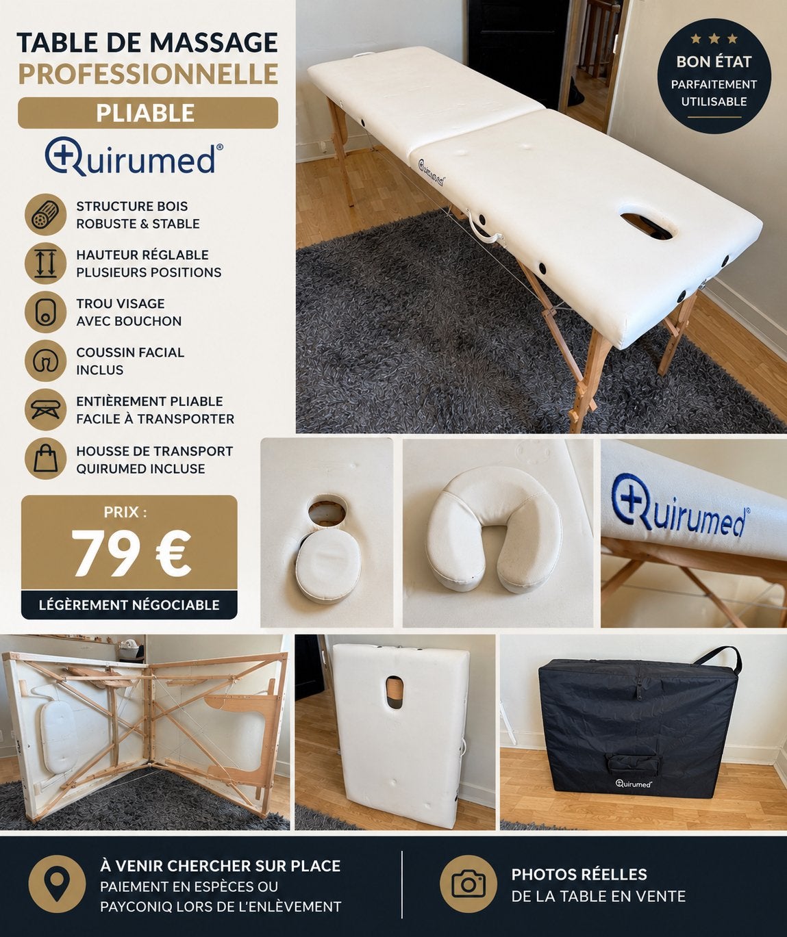 QUIRUMED professionele opvouwbare massagetafel + hoes, Ophalen, Zo goed als nieuw, Massagetafel