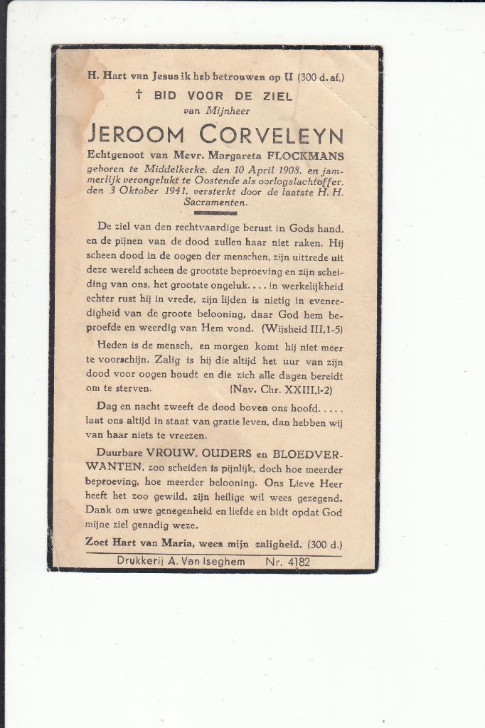 Slachtoffer WO II - Middelkerke Corveleyn - Oostende, Verzamelen, Bidprentjes en Rouwkaarten, Verzenden, Bidprentje