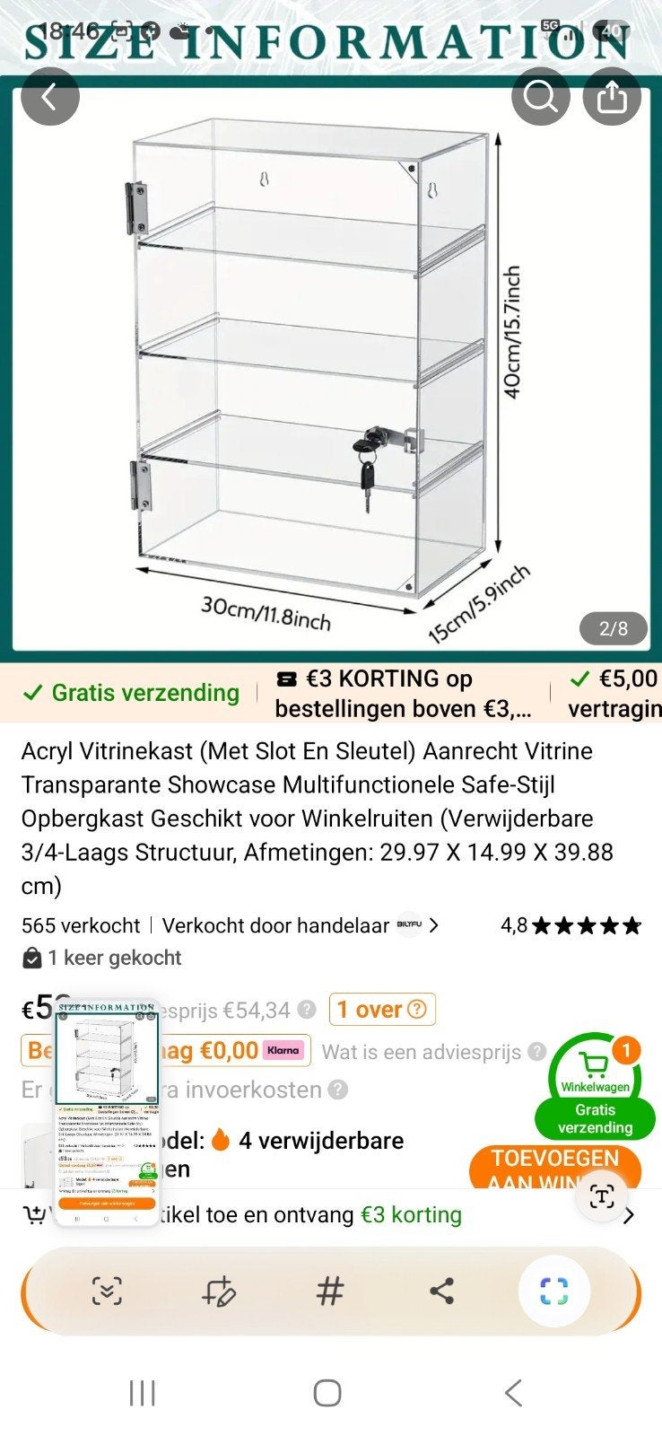 Vitrinekast met slot en sleutel , 3 laden., Ophalen