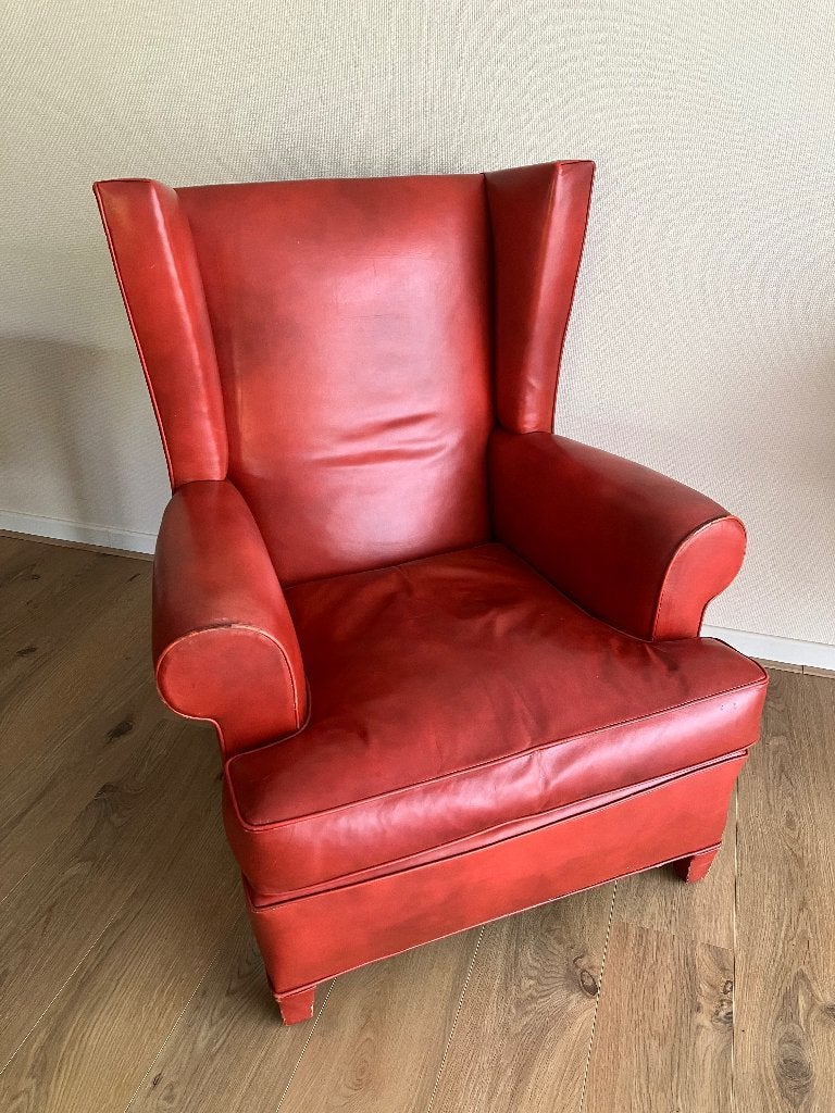 Luxe lederen oorfauteuil (wingback) anno 1960, Huis en Inrichting, Ophalen, Leer
