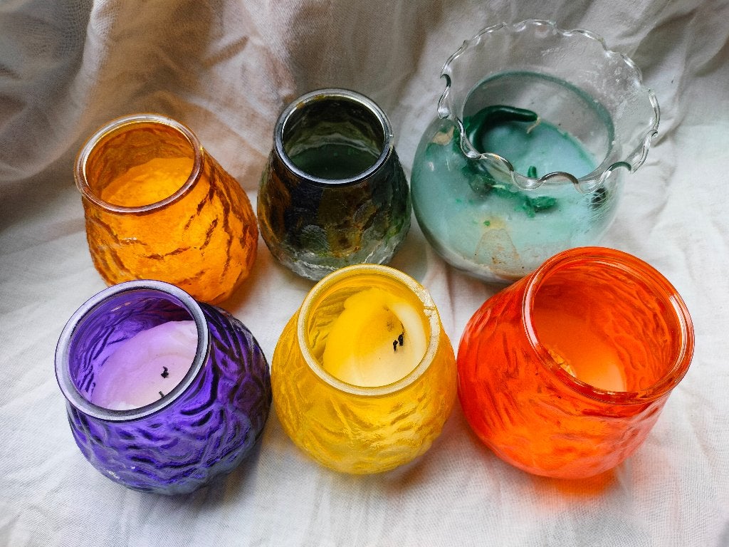 lot kandelaars gekleurd glas bokaal deco bloemschikken, Ophalen of Verzenden, Glas