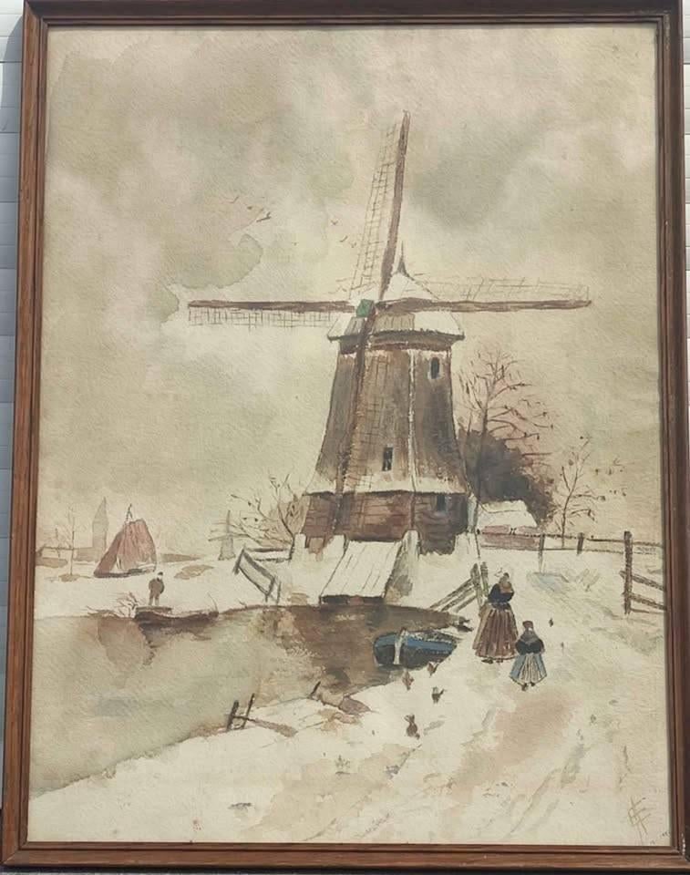 Aquarelle moulin a vent enneigé, Antiek en Kunst, Ophalen of Verzenden