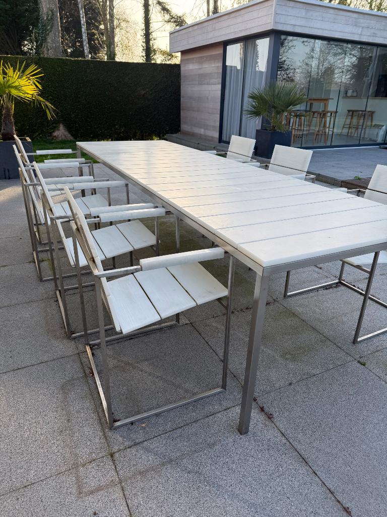 Design tuinset wit, lange tafel 3m met 7 stoelen, Chaise, Salons de jardin, Utilisé, Enlèvement