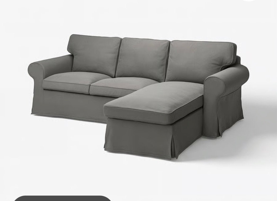 EKTORP 3-zitsbank met chaise longue, Hakebo donkergrijs, Huis en Inrichting, Ophalen, Zo goed als nieuw, Driepersoons, Stof