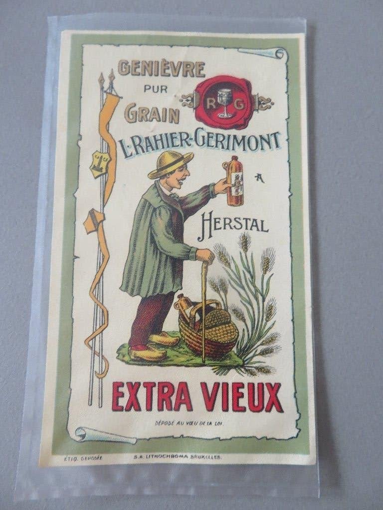 RARE oud jenever etiket Rahier - Gerimont Herstal, Collections, Enlèvement ou Envoi, Comme neuf, Autres types