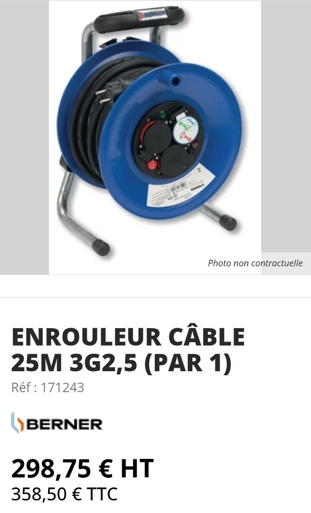 BERNER ENROULEUR  RALLONGE DE CABLE 25M 3X2,5MM2 IP44, Bricolage & Construction, Électricité & Câbles, Enlèvement ou Envoi, Utilisé