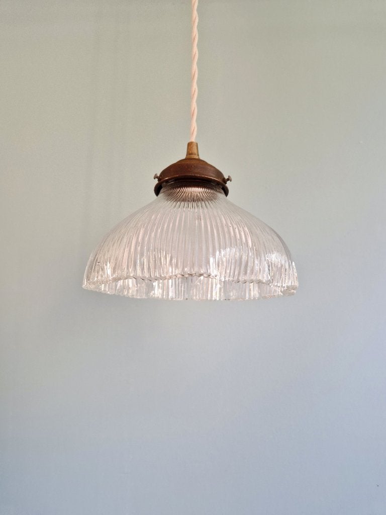 Art Deco hanglamp in transparant gegroefd glas, 1920-30, Ophalen of Verzenden