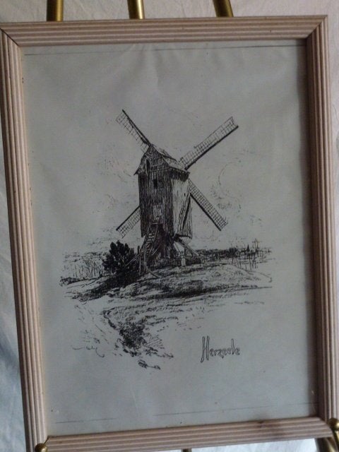 Tekening in kader : molen van Herzele. Tekening 2 : kapel., Ophalen of Verzenden, Tekening
