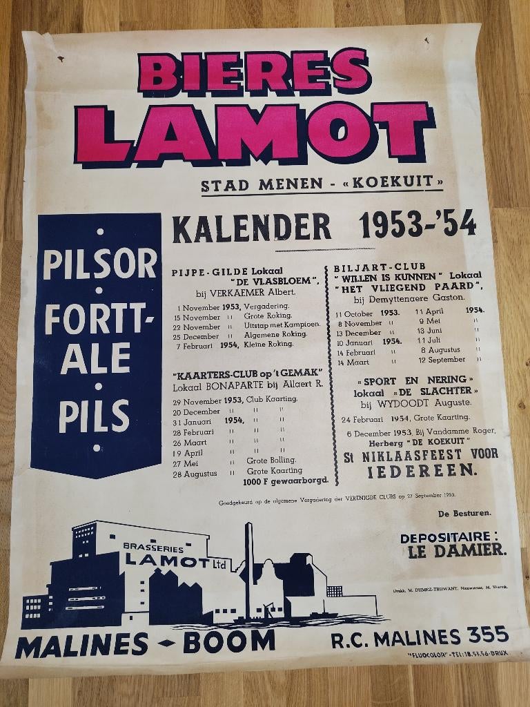 Affiche Lamot brouwerij 1953, Ophalen of Verzenden, Gebruikt, Reclamebord