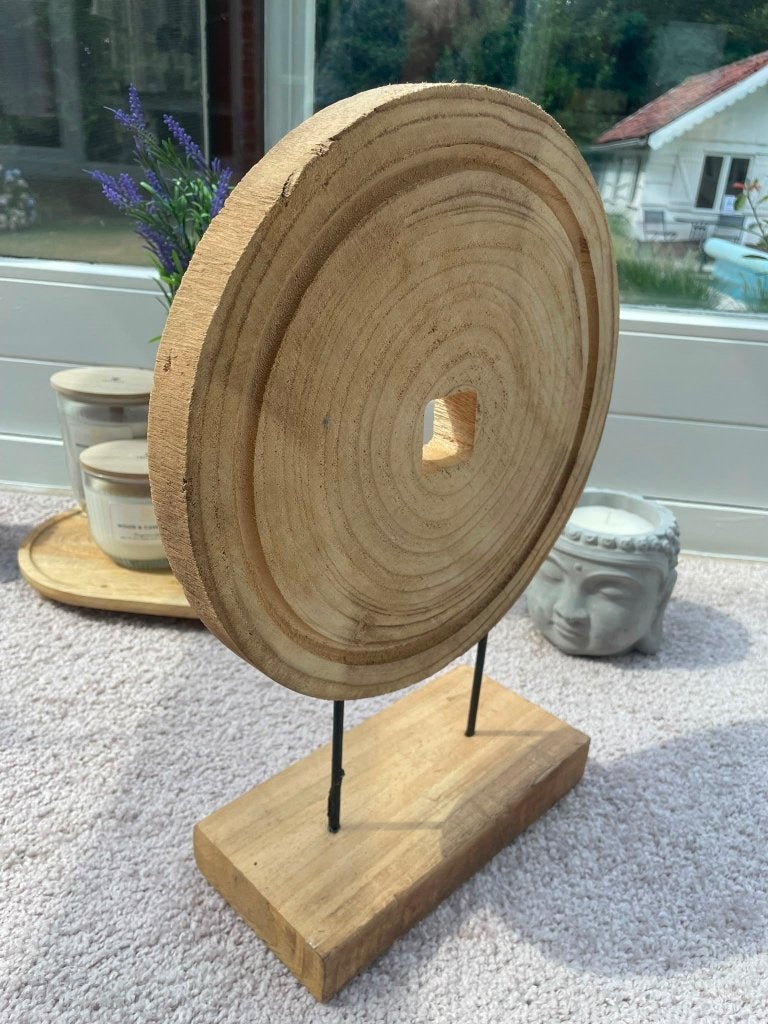Sculpture disque en bois brut sur pied - Déco Bohème / Zen, Enlèvement, Comme neuf, Bois, Objet de décoration