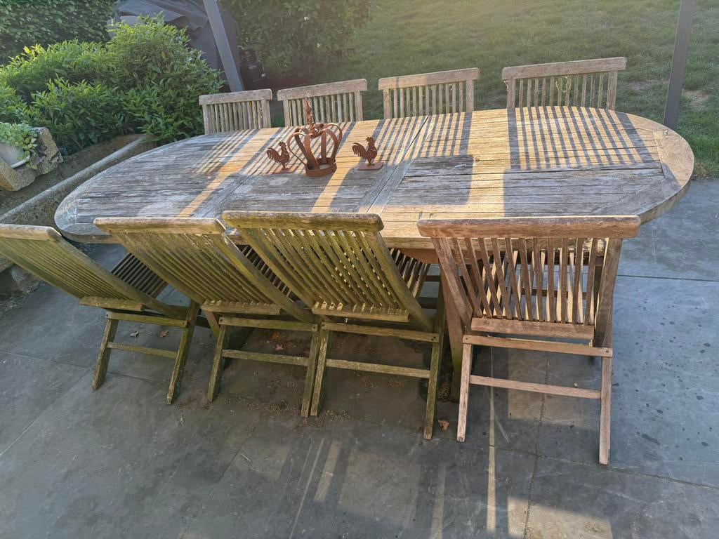Houten tafel met 8 stoelen, Jardin & Terrasse, Tables de jardin, Enlèvement, Utilisé, Ovale, Bois