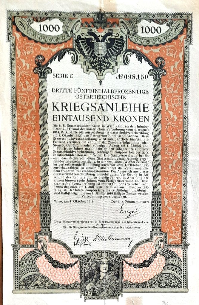 Kriegsanleihe - 1000 Kronen - Wien - 1915, Timbres & Monnaies, Enlèvement ou Envoi, Obligation ou Prêt