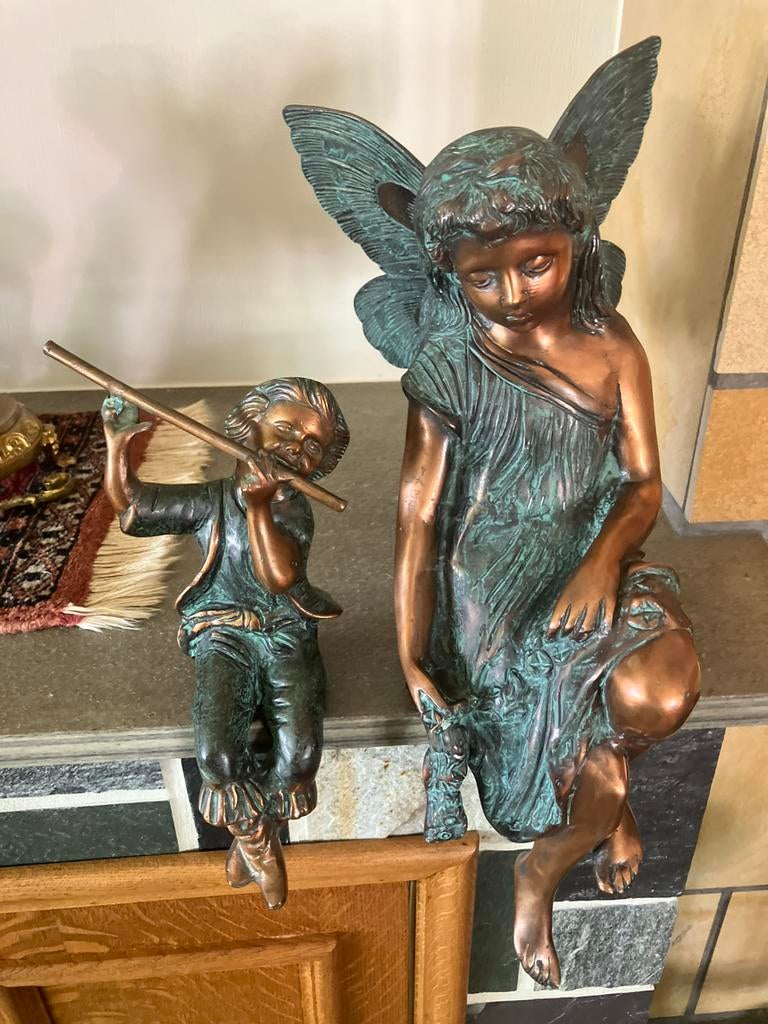 2 Massief Bronzen Schouwbeelden Fee & Fluitspeler, Enlèvement
