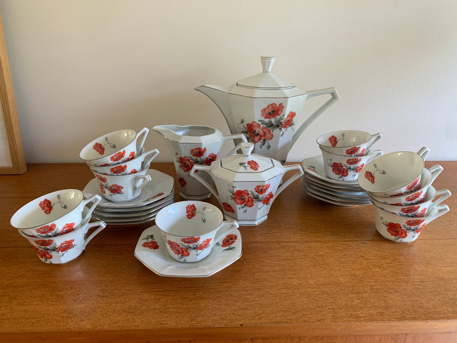 Koffieservies - Art Deco- klaprozen- 12 delig, Antiek en Kunst, Ophalen