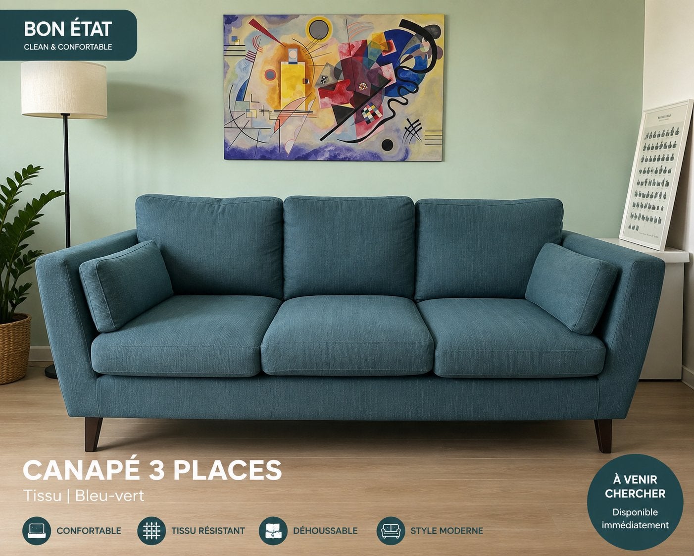 Canapé 3 places, Maison & Meubles, Trois personnes, Bois, Comme neuf, Enlèvement