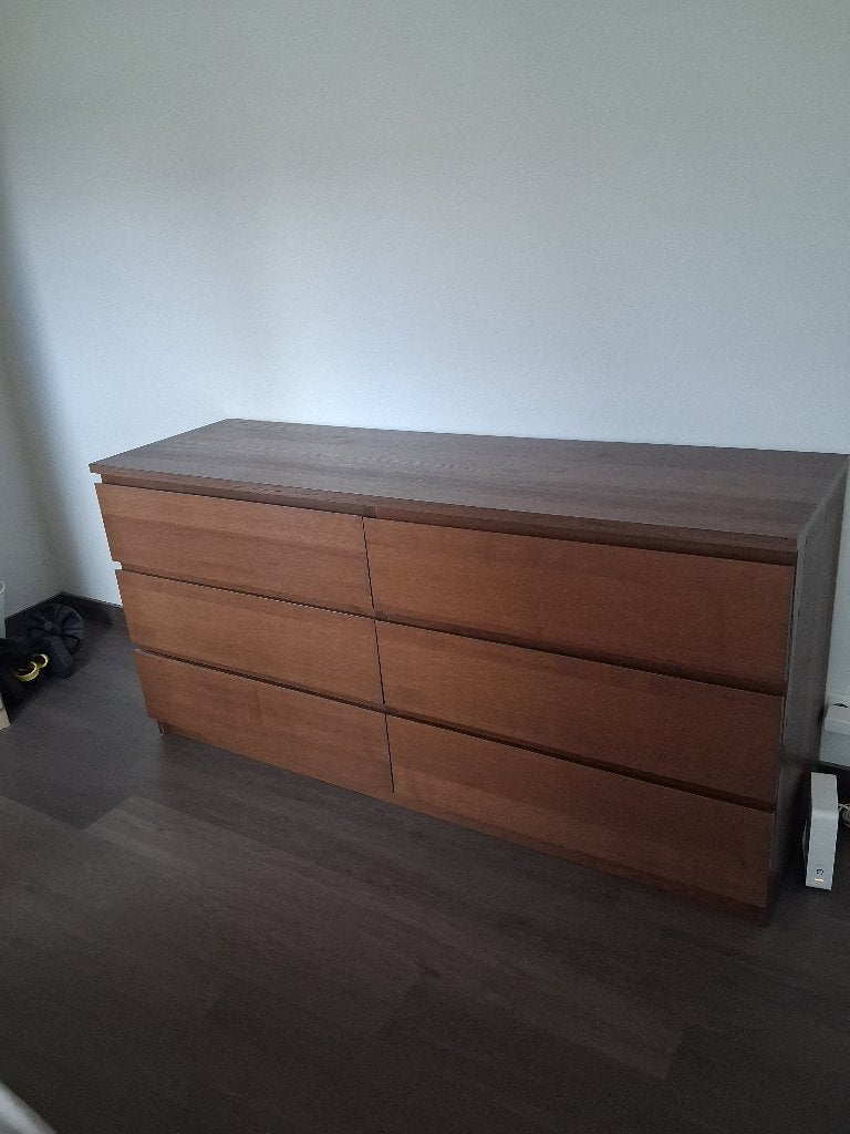 IKEA MALM Ladekast met 6 lades – Bruingeverfd essenfineer, Ophalen, Gebruikt, 5 laden of meer, 100 tot 150 cm