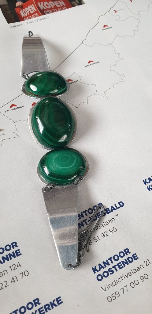 schakelarmband malachiet cabochons, Ophalen, Gebruikt, Groen, Overige materialen
