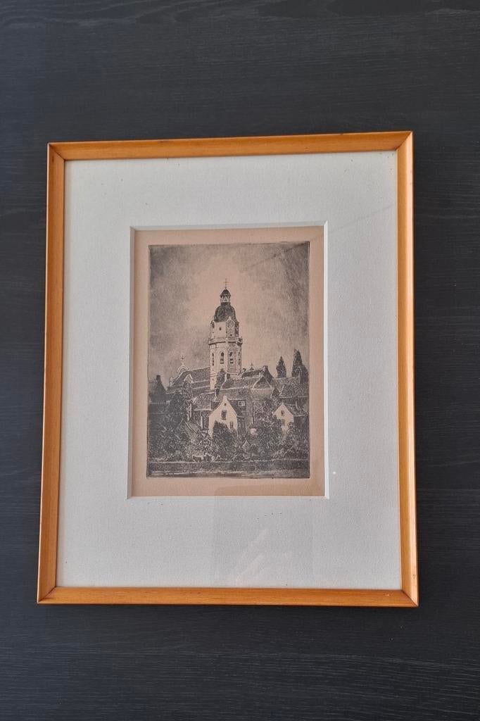 Ets van de O-L-Vr-Bezoekingkerk in Rupelmonde (J. Severin), Antiek en Kunst, Ophalen of Verzenden, Ets, Ingelijst