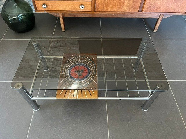 Table basse vintage en verre et céramique, Moins de 50 cm, Verre, Vintage, 50 à 100 cm