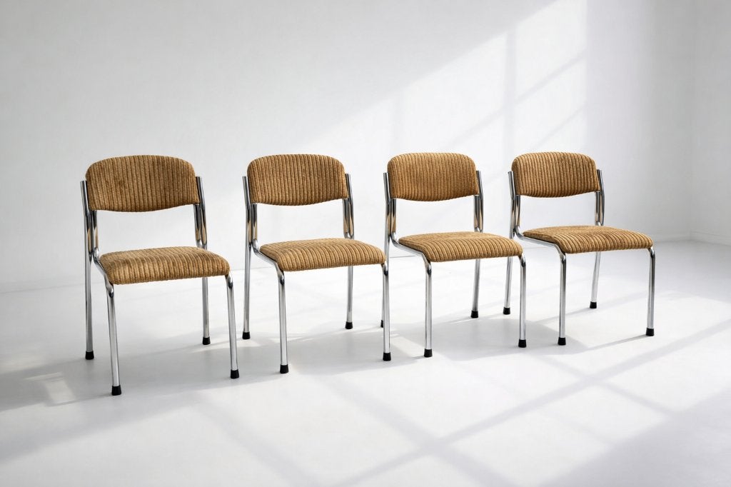 4 chaises rétro en métal tubulaire et velours côtelé, Maison & Meubles, Chaises, Autres couleurs, Sixties, Enlèvement, Utilisé