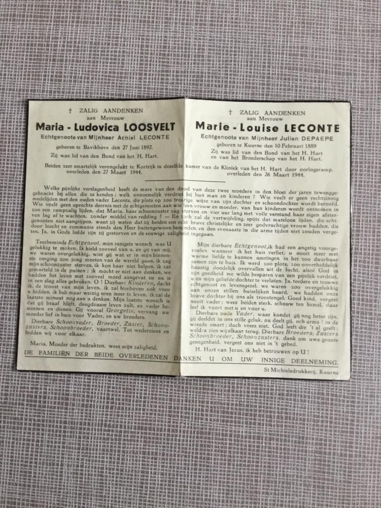 2 oorlogsslachtoffers Loosveld - Leconte +Kortrijk 1944, Verzamelen, Verzenden, Bidprentje