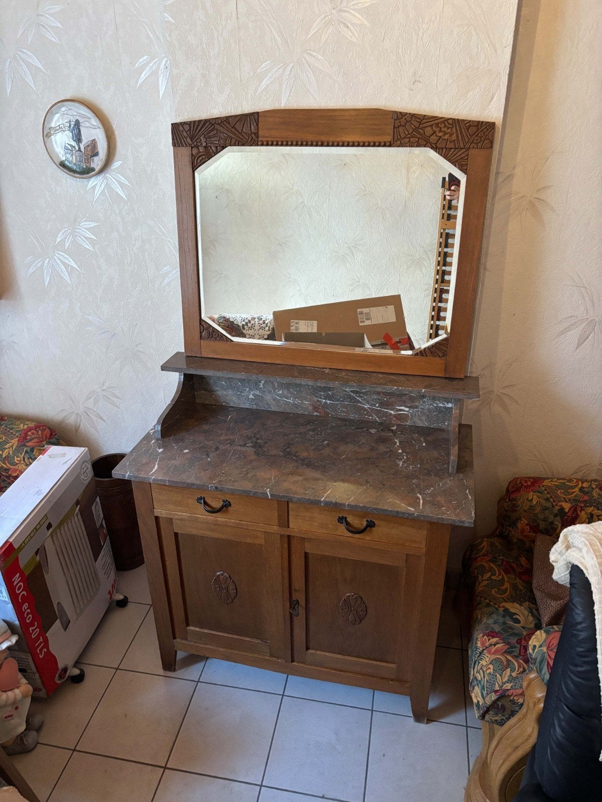 Meuble en bois /marbre /miroir, Enlèvement, Avec tiroir(s)
