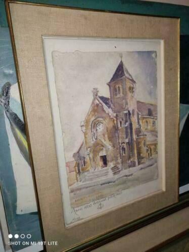 aquarelle eglise signe harry elstrom, Ophalen of Verzenden