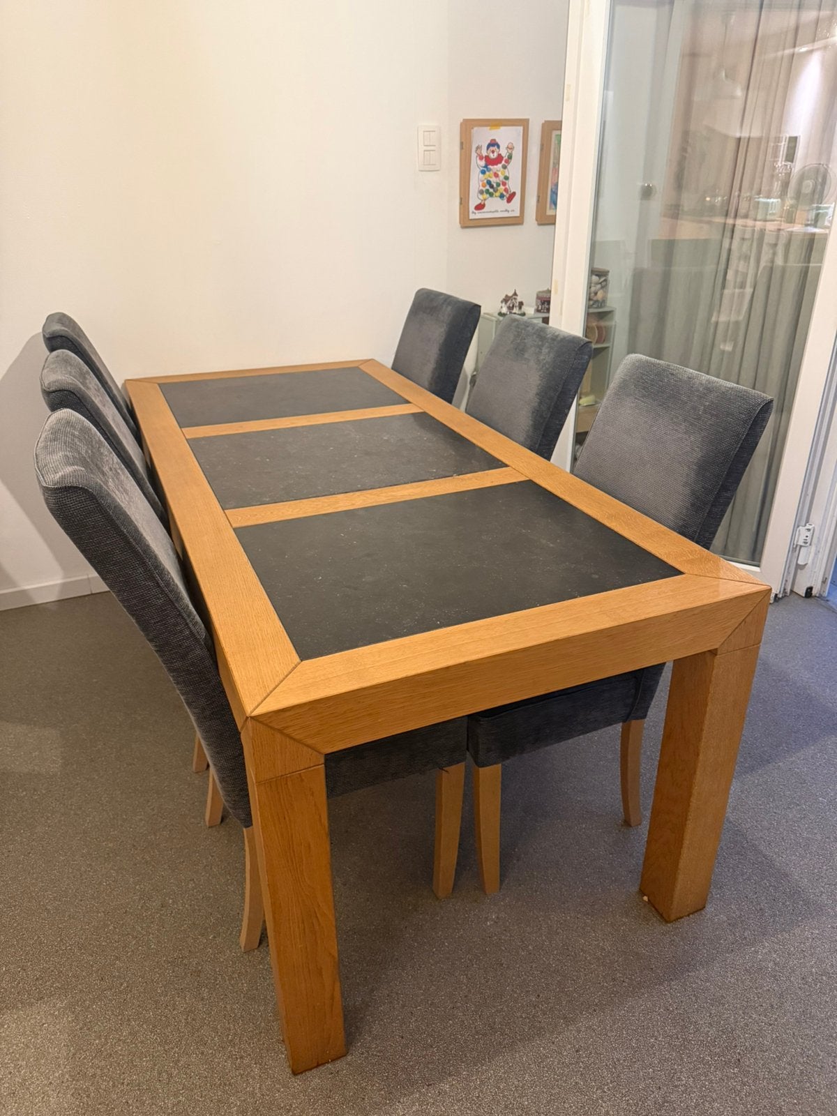 Houten tafel met blauwe steen + 6 stoelen, Ophalen, Gebruikt