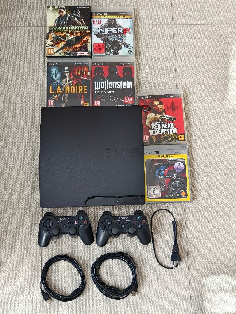 Playstation 3 Slim + 2 controllers + 6 games, Enlèvement ou Envoi, 320 GB, Avec jeux, Comme neuf