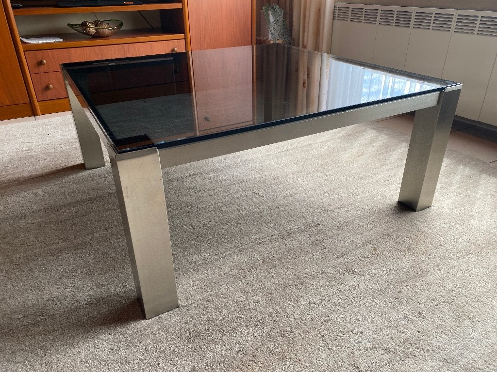 Glazen salontafel, Huis en Inrichting, Tafels | Salontafels, Ophalen, Gebruikt, 50 tot 100 cm, Vierkant