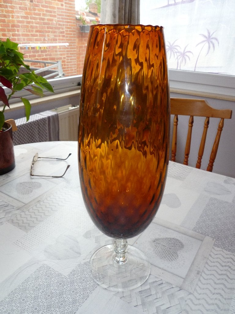 Grand vase sur pied VINTAGE verre d'Empoli Ambre 1960, Enlèvement