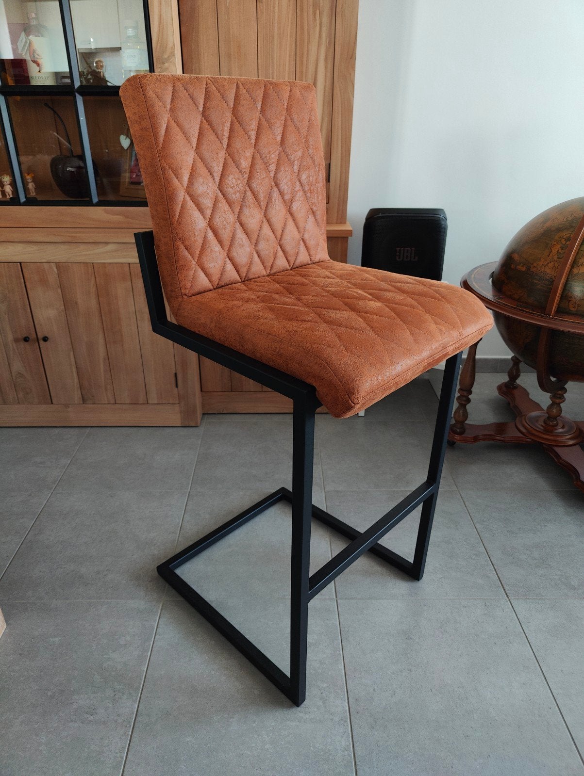 4 barstoelen cognac, Ophalen, Met voetsteun, Leer, Zo goed als nieuw