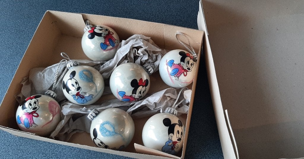Vintage Disney-Micky & Minnie Mouse-kerstbollen , Ophalen of Verzenden, Mickey Mouse, Gebruikt, Overige typen