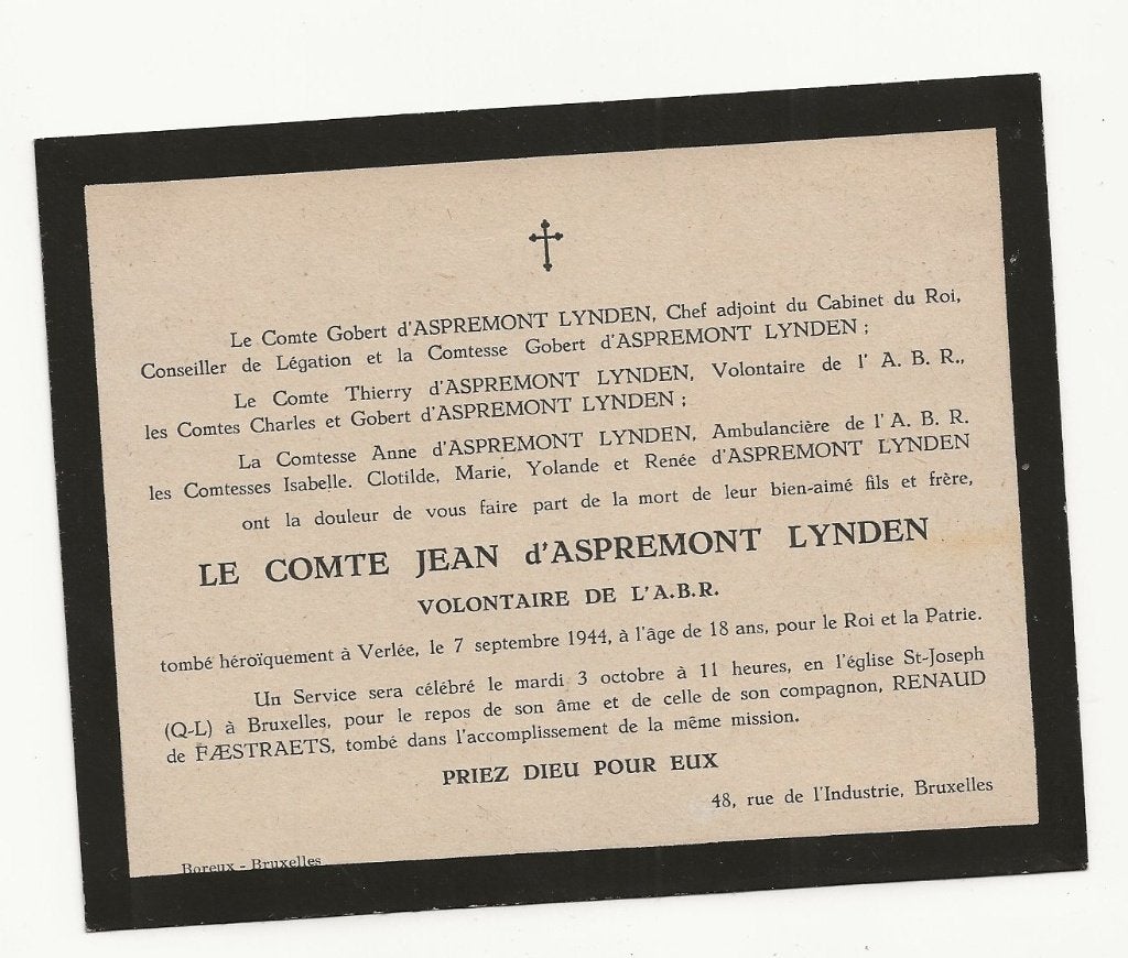 ww2 overlijdensbericht graaf d'aspremont  A.B.R.+verlee 1944, Collections, Objets militaires | Seconde Guerre mondiale, Enlèvement ou Envoi