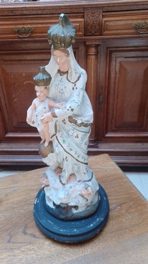 Antiek plaasteren Mariabeeld op houten sokkel, Antiek en Kunst, Antiek | Religieuze voorwerpen, Ophalen