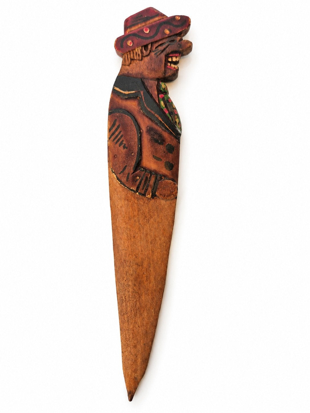 Vintage handgesneden houten briefopener met figuur  folk art, Ophalen of Verzenden