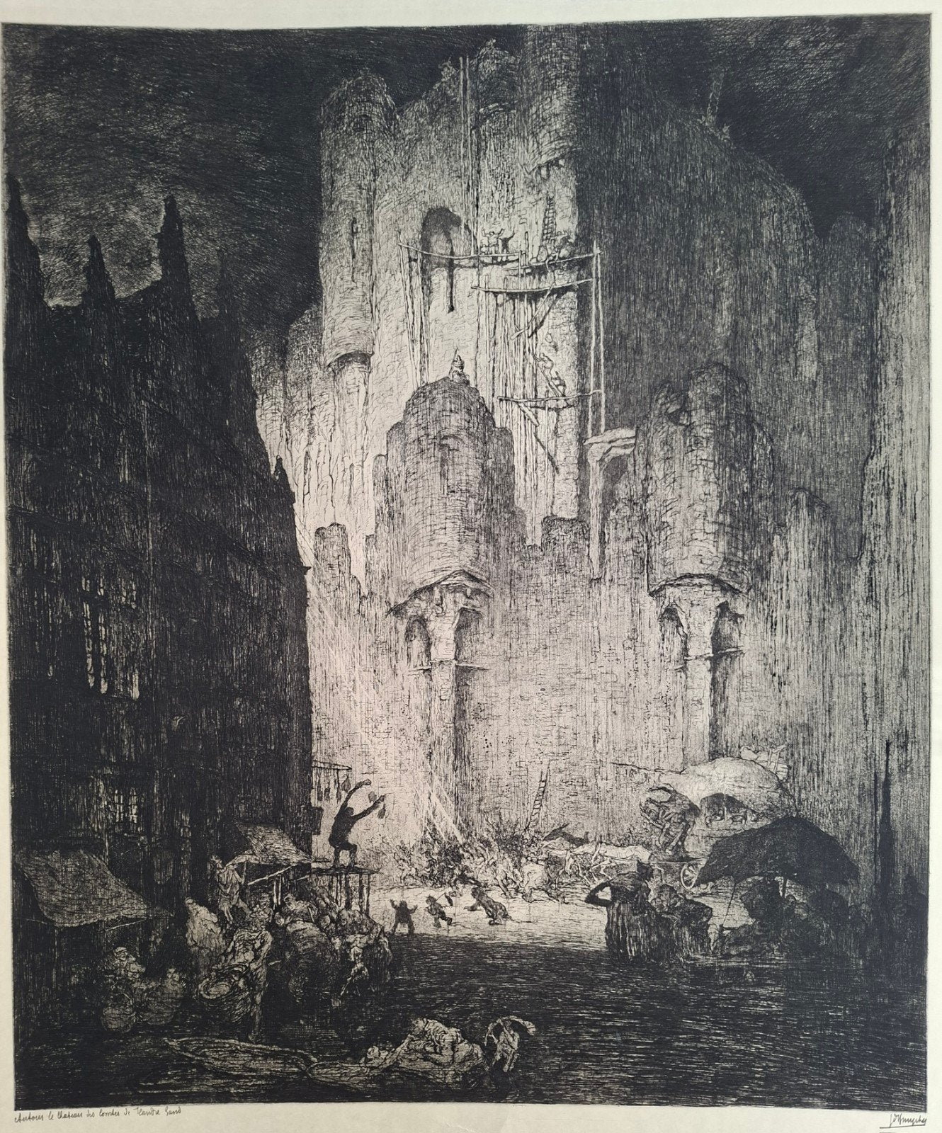 DE BRUYCKER Jules "Rondom het Gravensteen, Gent" ets, Antiquités & Art, Enlèvement, Eau-forte