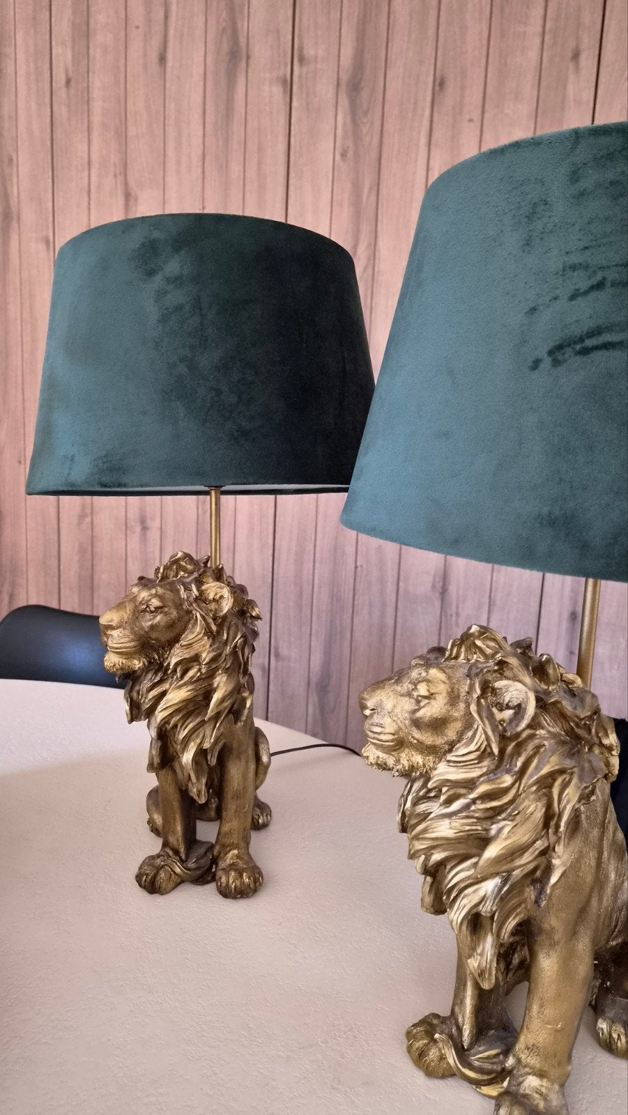 2 lampen met leeuw, Maison & Meubles, Lampe de table, Rond, Comme neuf, Vert