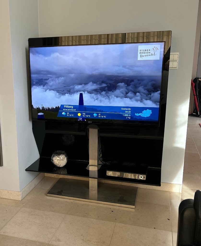 Tv Meubel in zwart glas, Ophalen, 100 tot 150 cm, 100 tot 150 cm, Modern