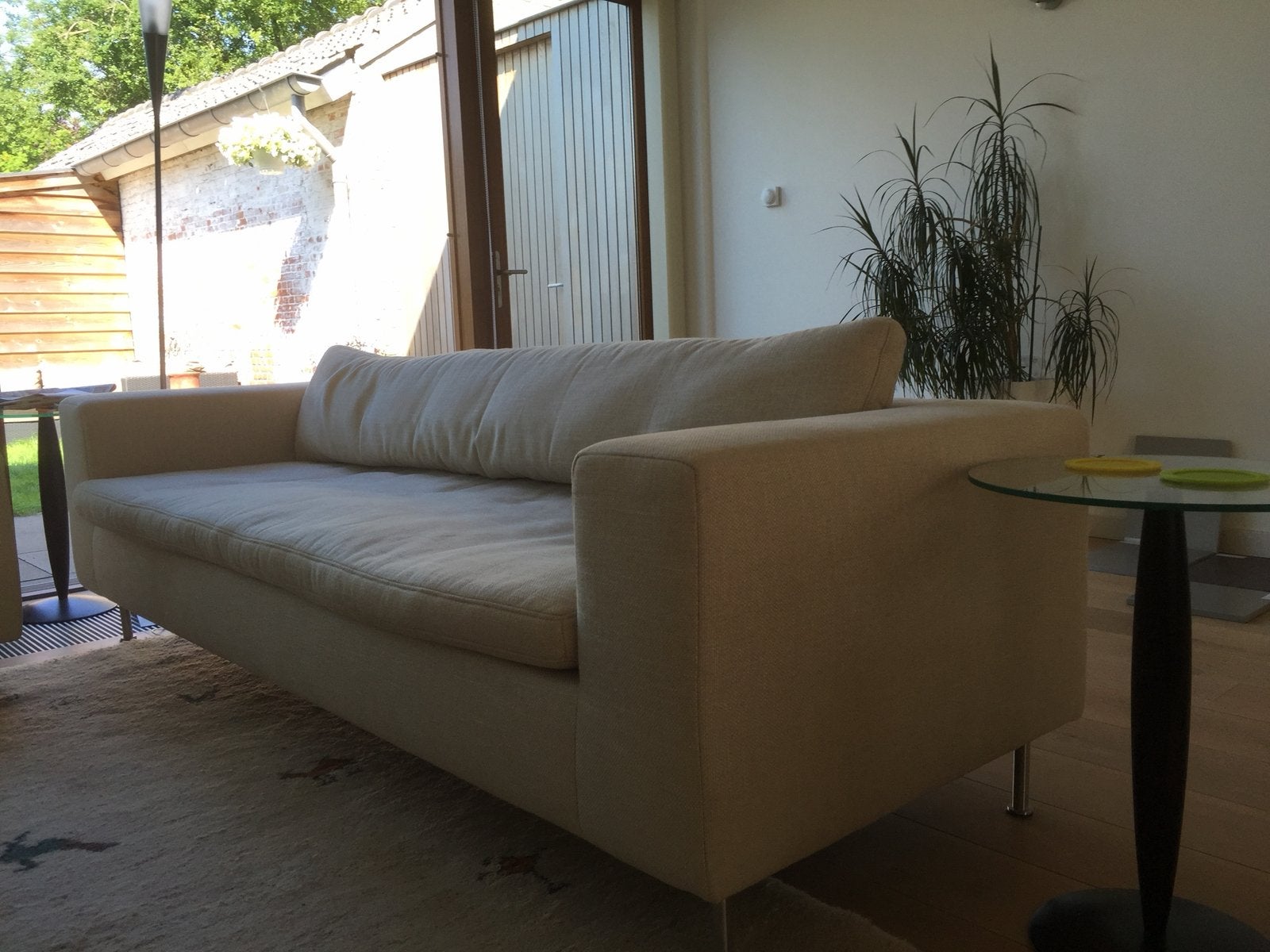 Indera zetel belgisch design ecru 3p + hocker goede staat, Trois personnes, 200 à 250 cm, 125 à 150 cm, Banc droit