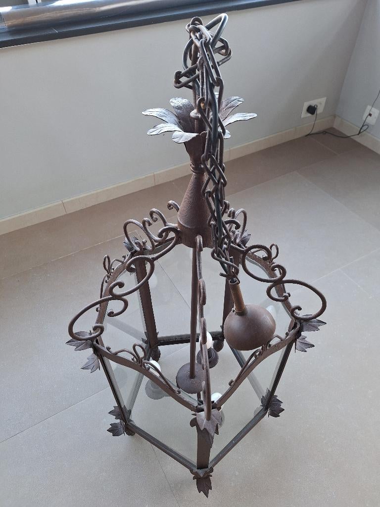 Magnifique lustre en métal, Huis en Inrichting, Ophalen, Zo goed als nieuw, Glas, Ancien