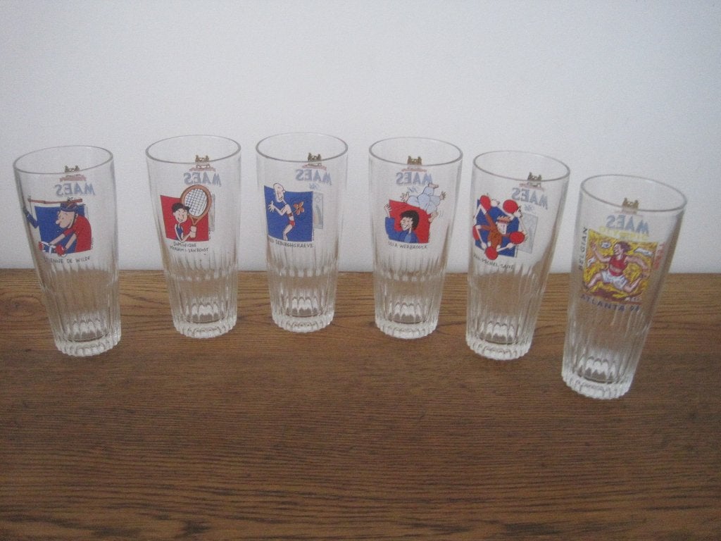 set van 6 vintage bierglazen Olympische spelen Maes, Verzamelen, Ophalen of Verzenden, Zo goed als nieuw
