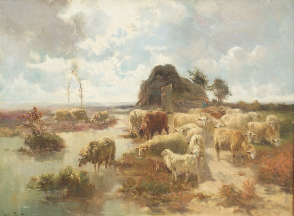 Henry Schouten (1860-1927): Drinkend vee (O/D, 116 x 94 cm), Antiek en Kunst, Ophalen, Gesigneerd, Bloemen