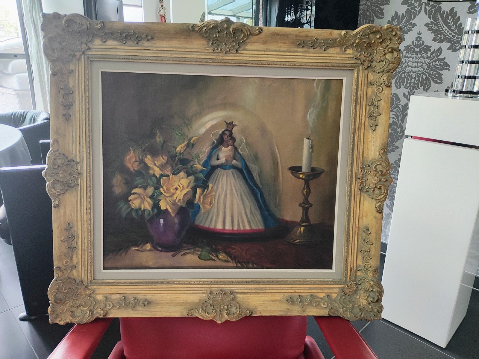Onze Lieve Vrouwbeeld onder stolp op doek, Antiquités & Art, Art | Peinture | Classique, Portrait ou Personnes, Peinture à l'huile