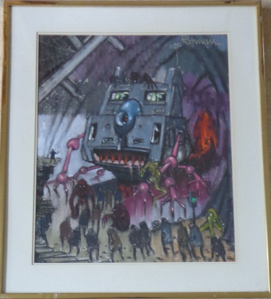 THOMAS ROMAN / RUIMTESCHIP / ORIGINEEL WERK / 72x62cm KADER, Antiek en Kunst, Ophalen, Pastel, Overig onderwerp, Papier/karton